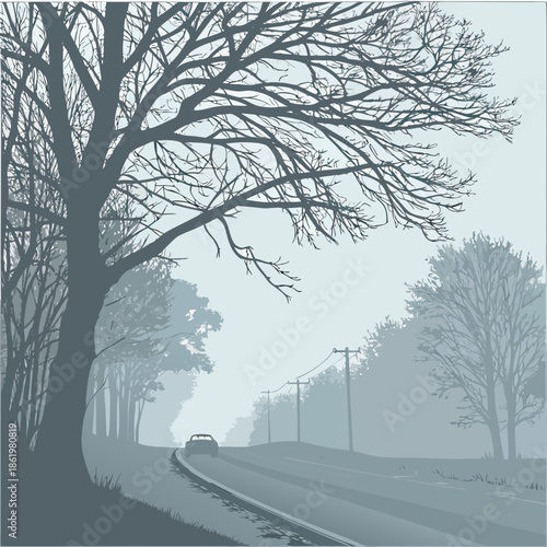 Winter fog atmosphere with barely visible road and car