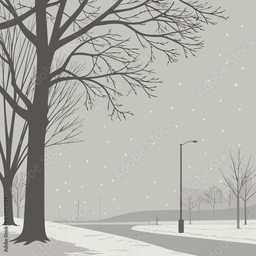 Foggy snowfall scene with bare trees and streetlights