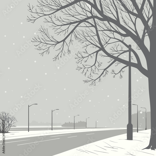 Foggy snowfall scene with bare tree and urban road