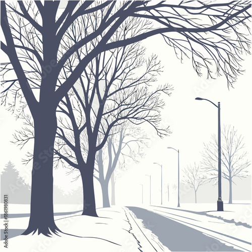 Low visibility winter street with fog hiding distant trees and streetlights