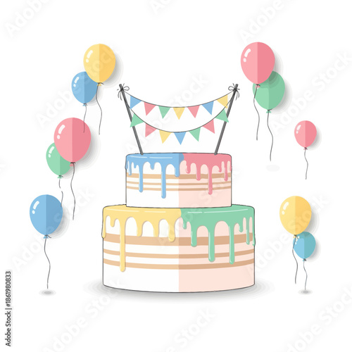 Festive Birthday Cake with Pastel Balloons and Bunting Flags