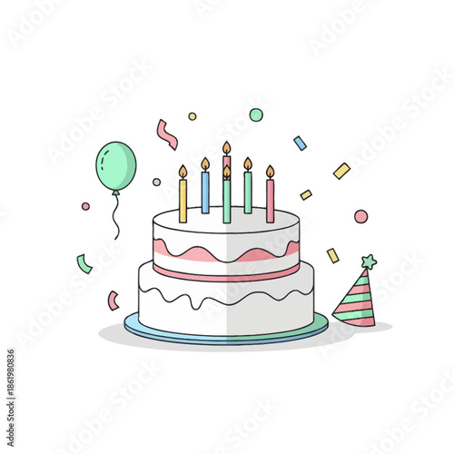 Birthday Celebration Cake with Candles, Balloon, Party Hat and Confetti, Flat Design