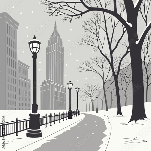 Snow covered city park with bare trees and street lamps