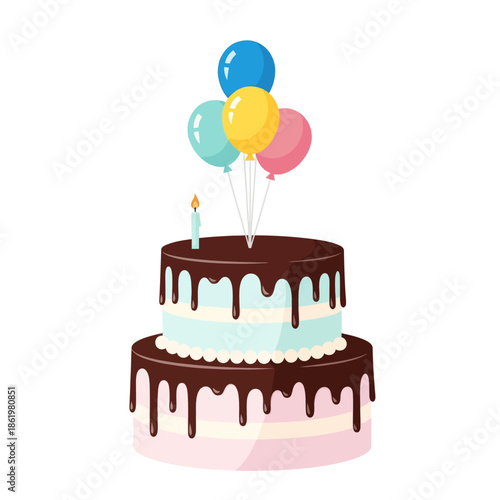 Festive Birthday Cake with Balloons and Candle - Celebration Illustration