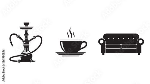 Hookah, Coffee Cup, and Sofa Icons in Minimalist Style with Simple Lines and Monochrome Color for Modern Interior Design