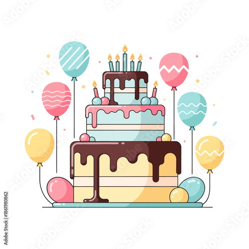 Birthday Celebration Cake with Balloons and Candles, Festive Party Dessert