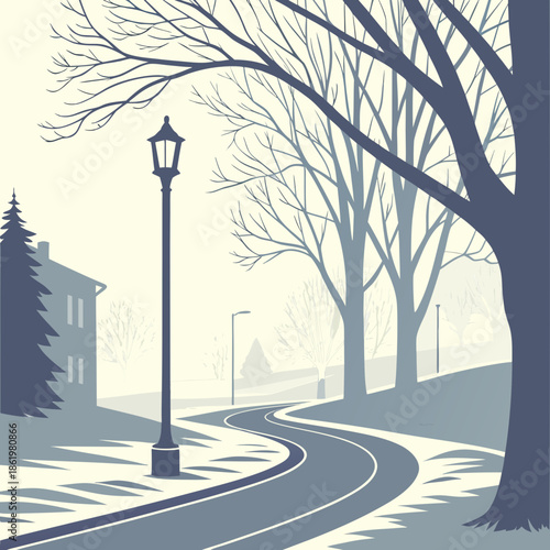 Winter mist softening city street with bare trees and lampposts