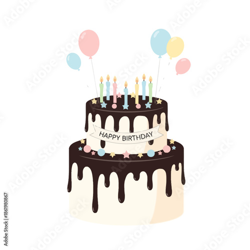Two Tier Chocolate Drip Birthday Cake with Candles and Balloons