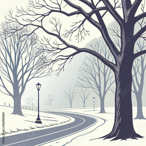 Winter mist softening all city details on a quiet road