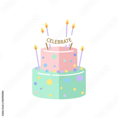 Happy Birthday Two Tier Cake With Candles and Celebrate Banner - Flat Design