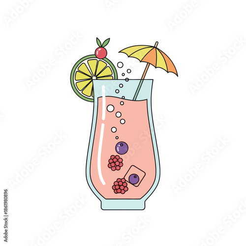 Refreshing Pink Cocktail with Berries, Lime, and Umbrella