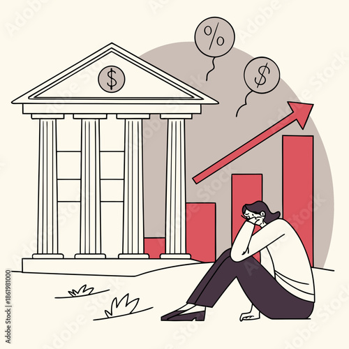 Exhausted executive sitting in front of bank with rising graph