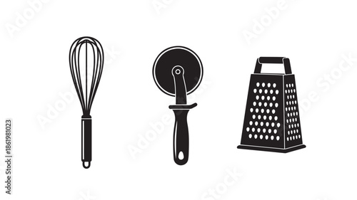 Kitchen utensils in minimalist style with black silhouette on white background for cooking illustration