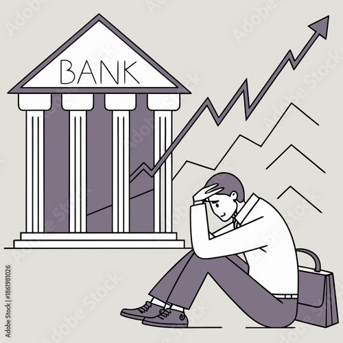 Worried businessman sitting in front of bank with falling graph 1