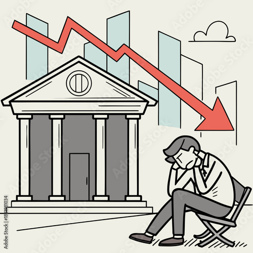 Market recession concept showing a tired businessman sitting in front of a bank with a