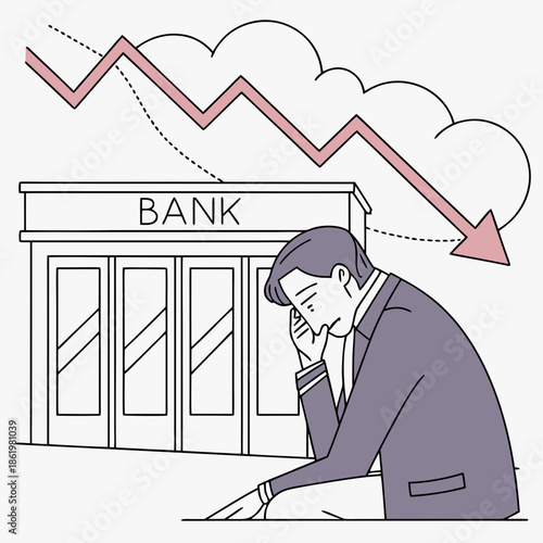 Worried businessman sitting in front of bank with falling graph