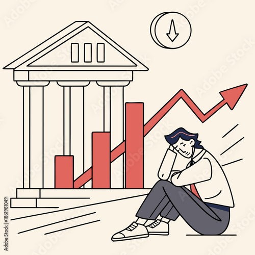 Businessman sitting in front of bank building with declining graph