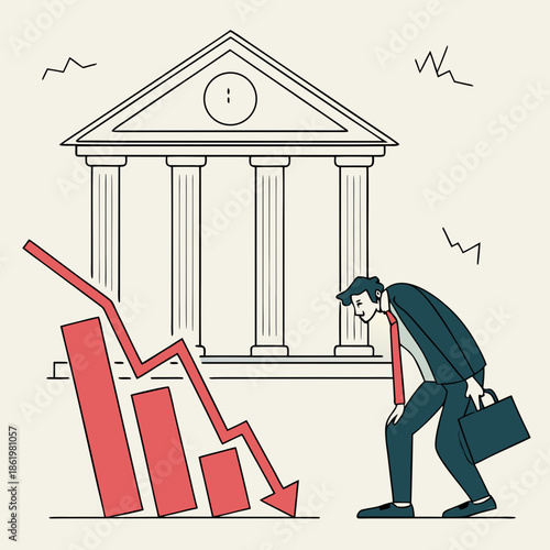 Businessman standing in front of bank with falling stock graph