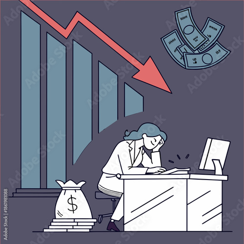 Woman sitting at desk with falling money and declining graph