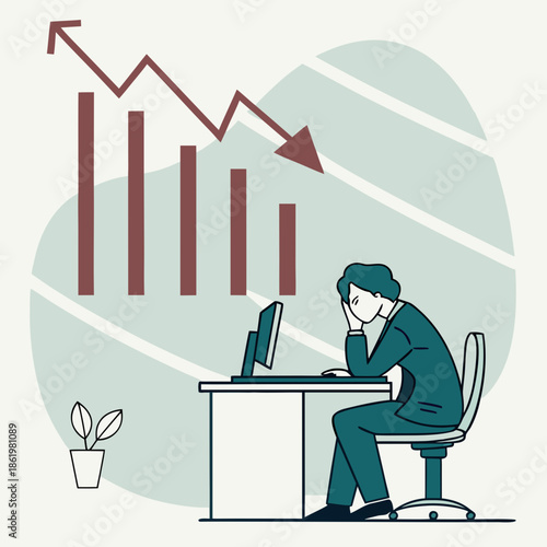 Stressed businessperson looking at declining graph on computer