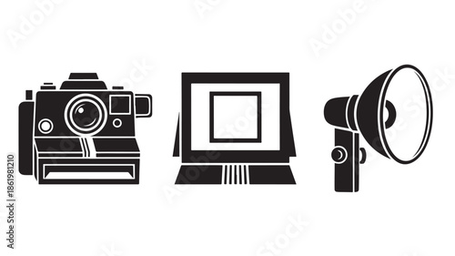 Camera, laptop, and megaphone icons in minimalist black and white style for digital marketing and advertising