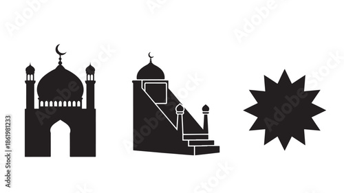 Islamic Mosque Silhouettes with Crescent Moon and Star Symbol in Simple Flat Design for Religious Iconography
