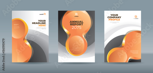 Modern cover template featuring 3D fluid organic shapes with a golden orange gradient and grey curved backgrounds. A4 size book cover template for annual report, magazine, booklet, proposal, portfolio