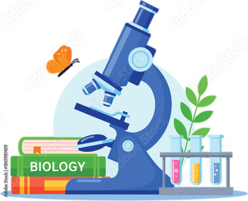 Biology laboratory illustration with microscope, books, test tubes, and butterfly, science education concept for learning, research, experimentation, and modern academic study environment
