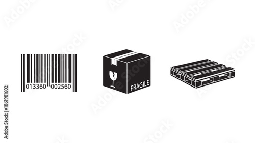 Barcode with Fragile Shipping Box and Pallet in Simple Black and White Illustration for Logistics