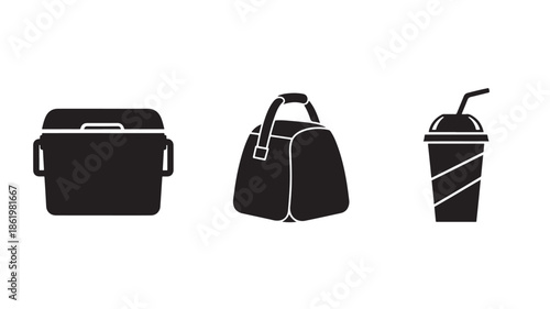 Lunch Box, Handbag, and To-Go Cup in Simple Silhouette Style with White Accents on Black Background for Healthy Eating Promotion