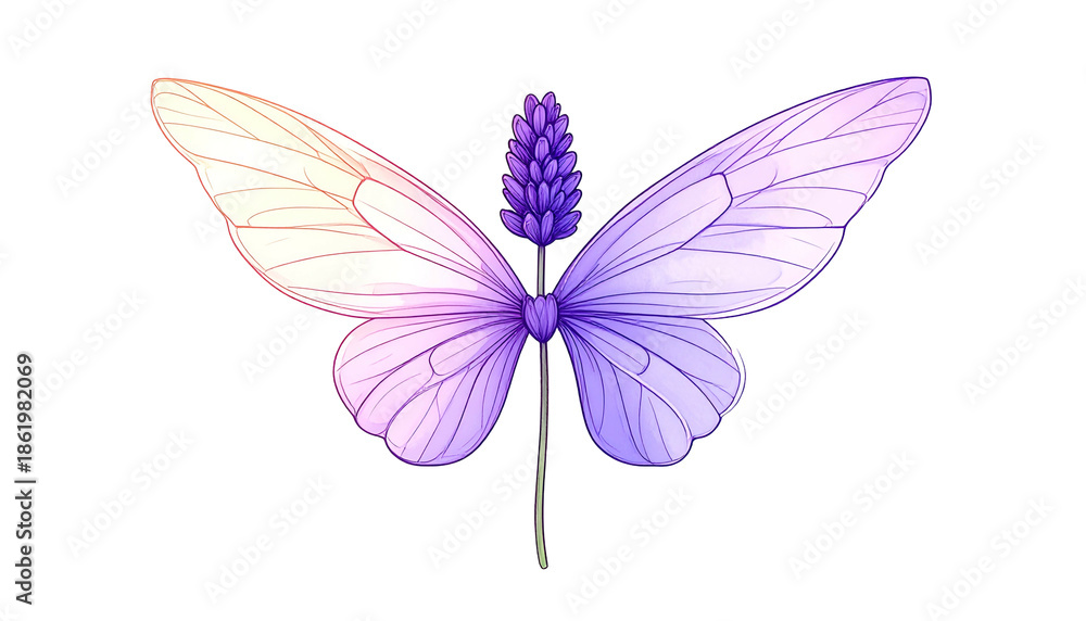 Fototapeta premium A vibrant image of butterfly wings blending into a lavender sprig, black background