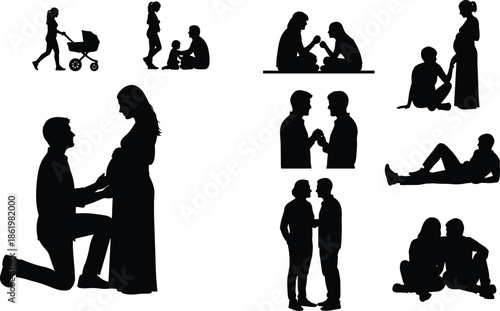 Black silhouettes of pregnant women and happy couples with children and strollers celebrating family life isolated on white background for lifestyle