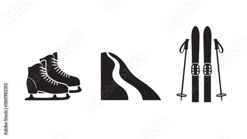 Winter Sports Equipment Silhouettes in Modern Minimalist Style with High Contrast Black and White for Outdoor Activities