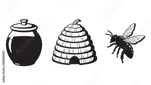Honey jar, beehive, and bee in black and white illustration for apiculture and food