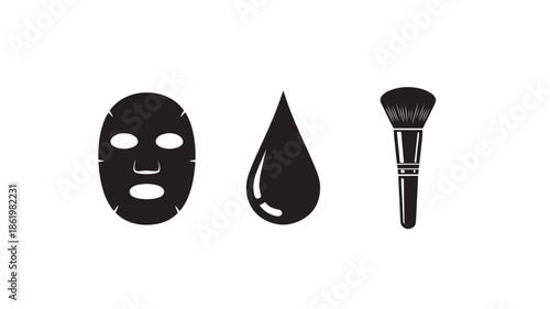 Face Mask and Cosmetics in Simple Silhouette with Black Color on White Background for Beauty and Wellness