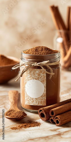 Glass jar filled with ground cinnamon and decorated with a blank botanical label, surrounded by cinnamon sticks and a wooden spoon on a marble surface