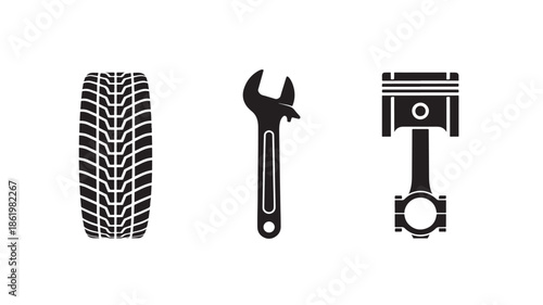Car Parts Icons in Simple Monochrome Style with Black Color on White Background for Automotive Industry