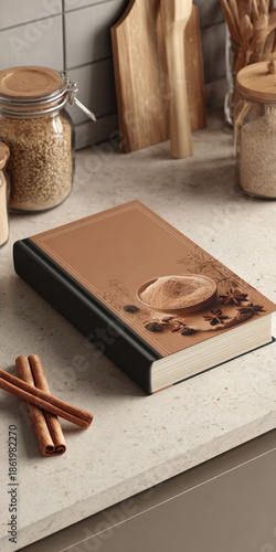 Hardcover recipe book with a cinnamon powder and star anise cover design rests on a beige kitchen counter surrounded by glass jars and wooden utensils
