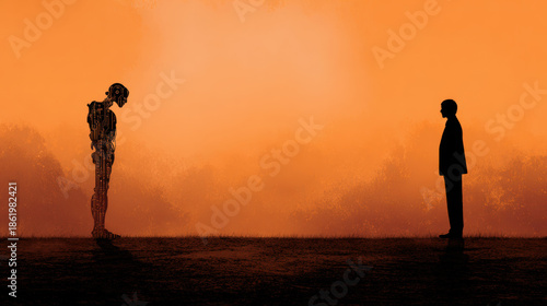 AI ethics debate concept with robot and human silhouettes facing off