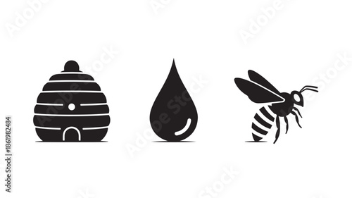 Beehive, honey drop, and bee in minimalist black silhouette on white background for apiary branding
