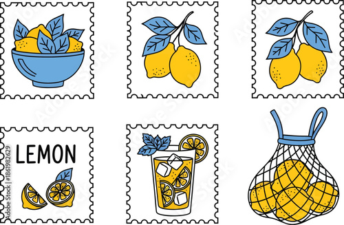 Vibrant lemon illustrations in postage stamp designs