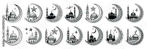 Islamic Crescent Moon & Mosque Vector Illustrations – Black and White Ramadan & Eid Art