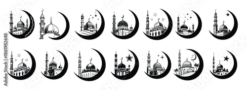 Islamic Crescent Moon & Mosque Vector Illustrations – Black and White Ramadan & Eid Art