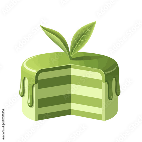 Green Tea Cake Slice Layered Matcha Dessert with Leaves