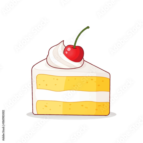 Slice of vanilla cake with cream and cherry on top, isolated on white background
