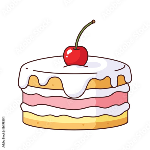 Cute Cartoon Layer Cake with Cherry on Top - Sweet Dessert Icon