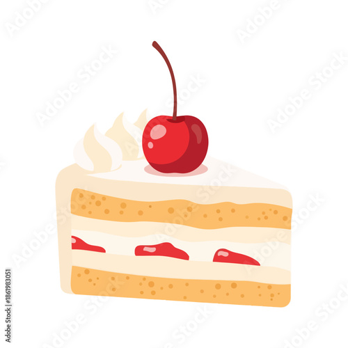Delicious Slice of Strawberry Shortcake with Cherry Topping Isolated
