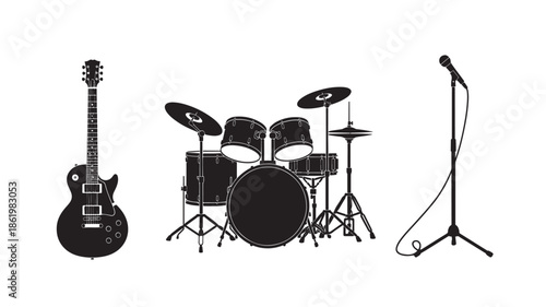 Electric Guitar and Drum Set with Microphone Stand in Simple Black Silhouette on White Background for Music Industry