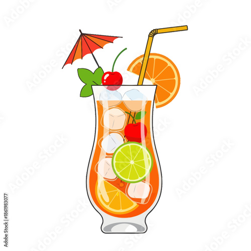Refreshing Tropical Cocktail with Orange, Lime, Cherry, Ice, and Umbrella