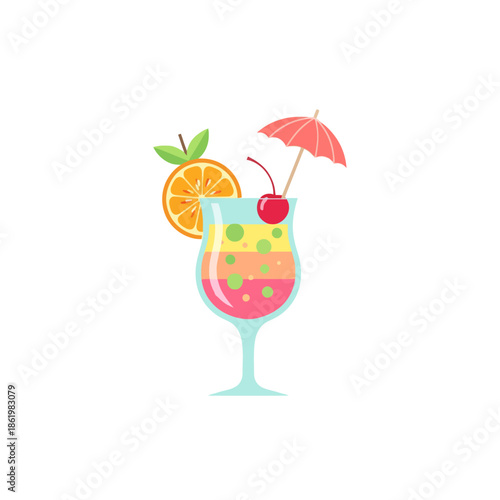 Colorful Layered Cocktail with Orange Slice and Cherry on White Background